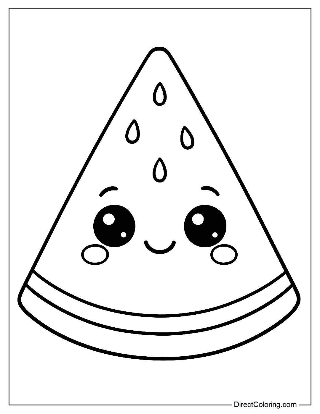 A slice of watermelon coloring page with a cute smiley face, rosy cheeks and big eyes.
